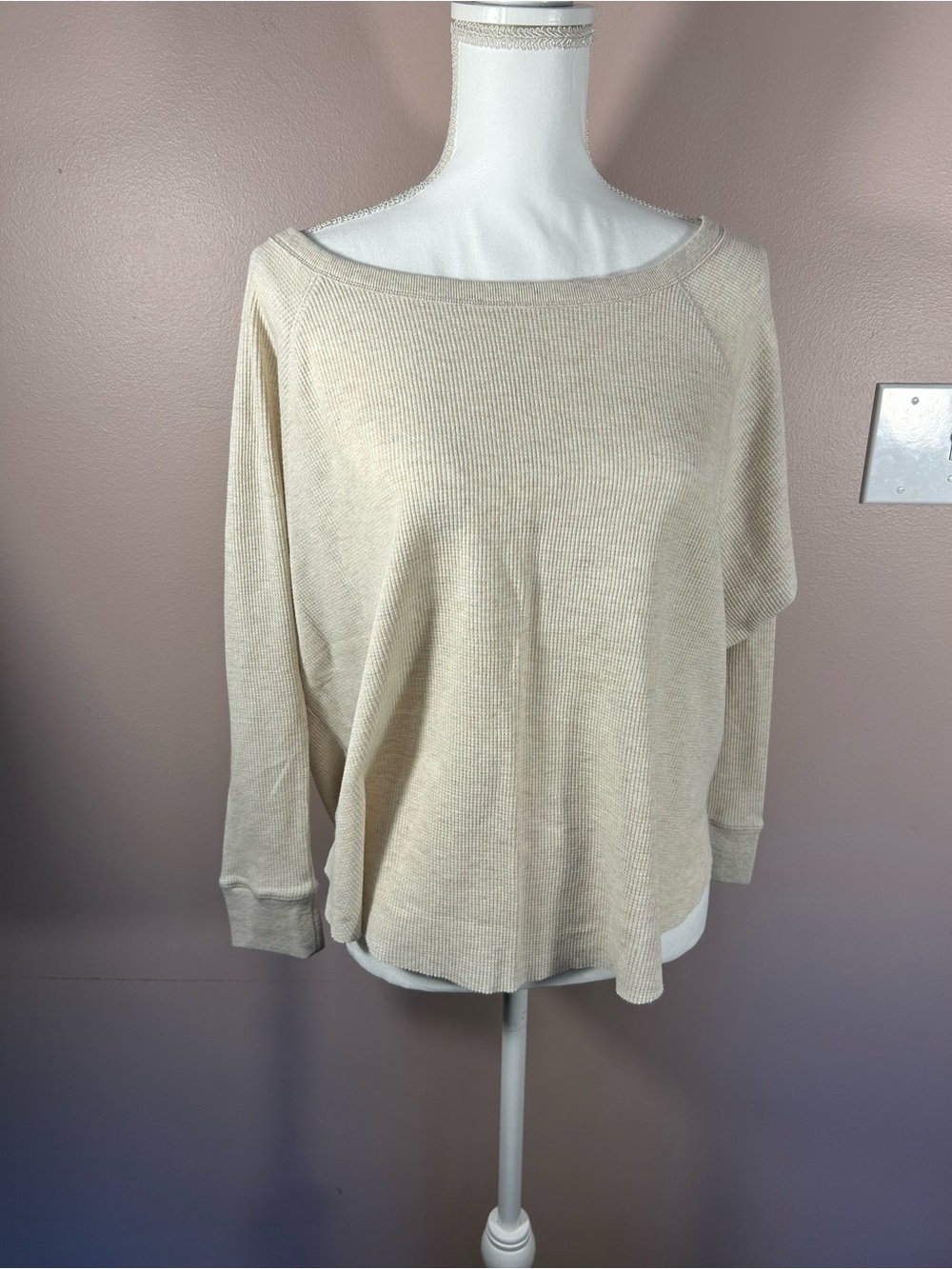 Relaxed Scoop-Neck Waffle Knit Sweatshirt - Cream